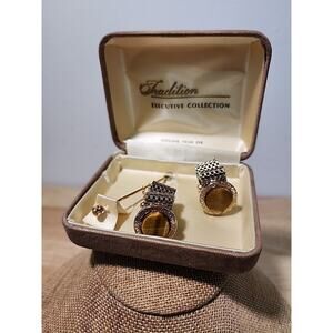 VINTAGE TRADITION EXECUTIVE COLLECTION GENUINE TIGER EYE TIE BAR CUFFLINK SET